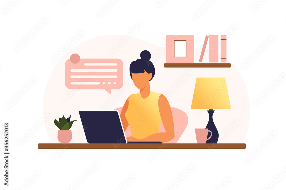 Woman sitting at the table with laptop. Working on a computer. Freelance, online education or social media concept. Working from home, remote job. Flat style. Vector.