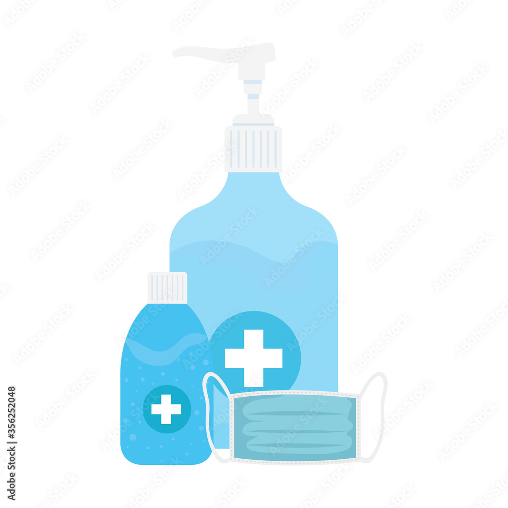 Hands sanitizer bottles and mask design, Disinfects clean antibacterial and hygiene theme Vector illustration Hands sanitizer bottles and mask design, Disinfects clean antibacterial and hygiene theme Vector illustration