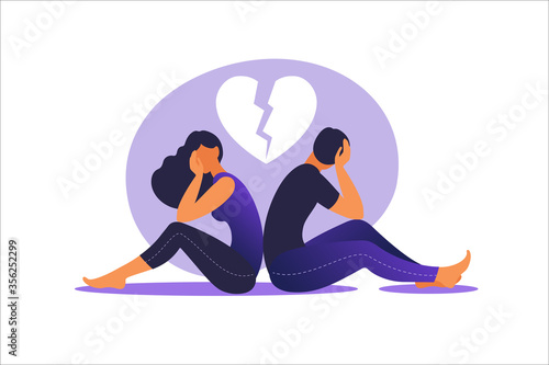 Man and a woman in a quarrel. Conflicts between husband and wife. Two characters sitting back to back, disagreement, relationship troubles. Concept of divorce, misunderstanding in family. Vector.