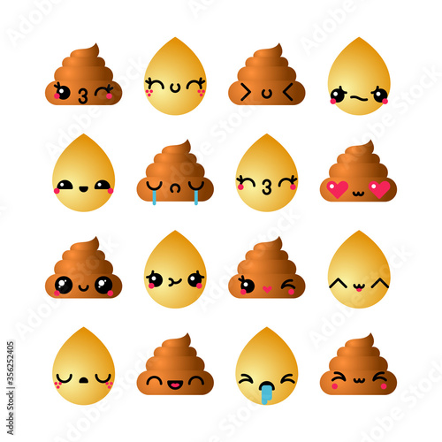 Set of kawaii poop and pee emoticons set. Turd emoji, icons for chat, logo, mobile applications