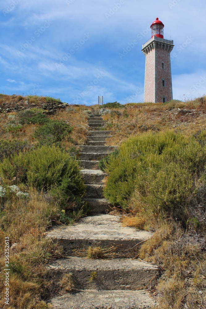 Steps leading to Le phare du cap Béar, lighthouse on Vermilion Coast, Pyrénées-Orientales department,  southern France