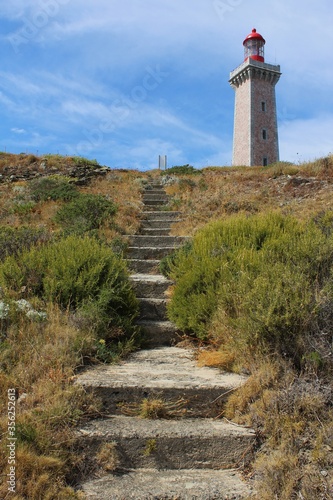 Steps leading to Le phare du cap Béar, lighthouse on Vermilion Coast, Pyrénées-Orientales department, southern France