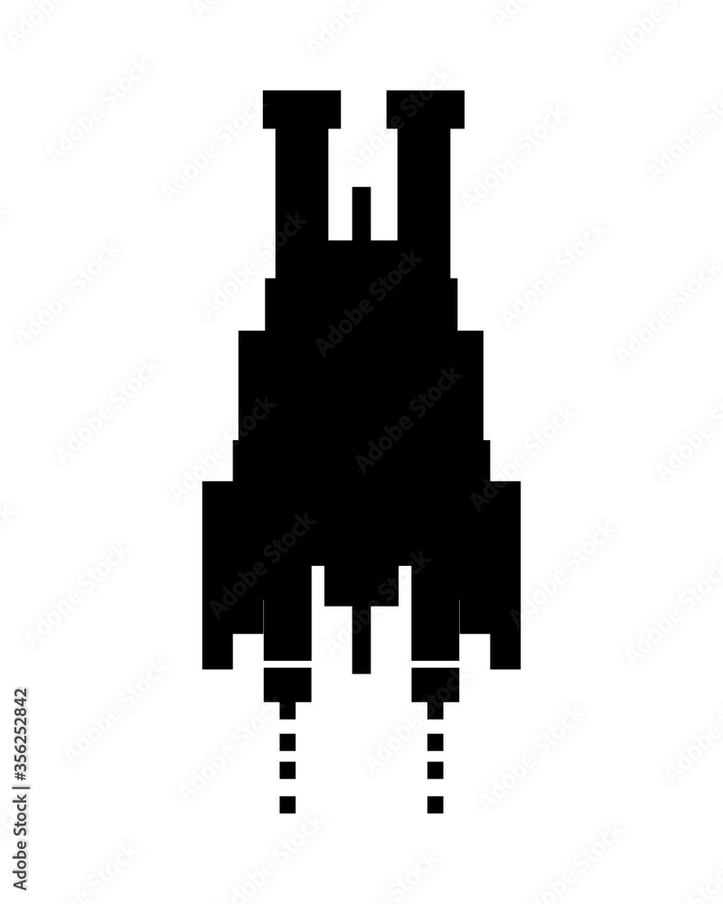 space ship flying 8 bits pixelated silhouette