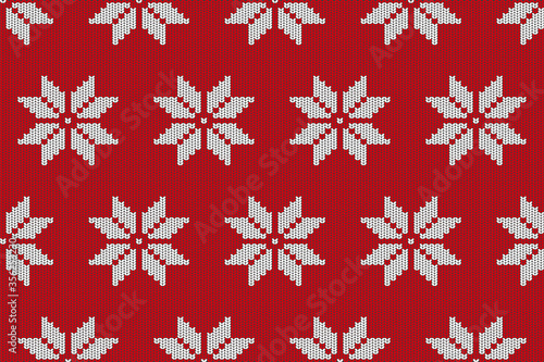 Christmas hand-knitted red snowflake seamless pattern. Winter sweater texture. Editable cozy realistic illustration.