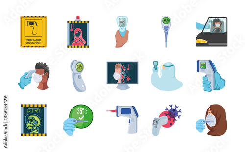 set of icons checking temperature coronavirus on white background