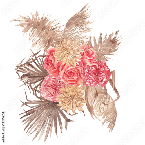 Fototapeta Naklejka Na Ścianę i Meble -  Boho bouquet with watercolor hand draw flowers, rose, pampas grass, palm leaves, branches, isolated on white background