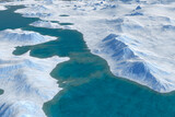 Snow landscape, ice valley with mountains. Arctic view. 3d render