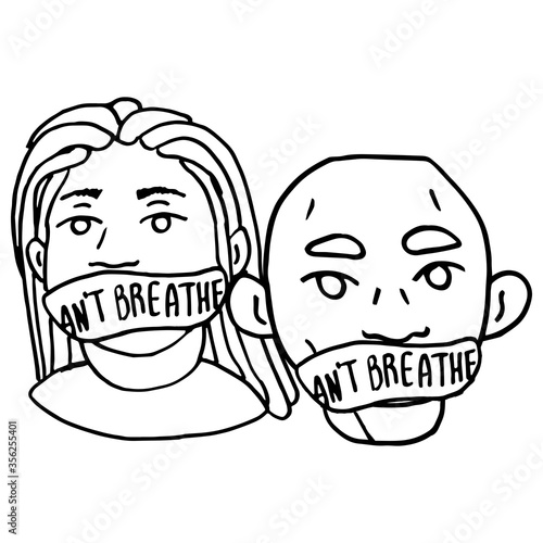 I can't breathe text on white isolated backdrop. Woman and man blm protesters for invitation card, social banner, news blog, flyer. Phone case or cloth print. Doodle style stock vector illustration