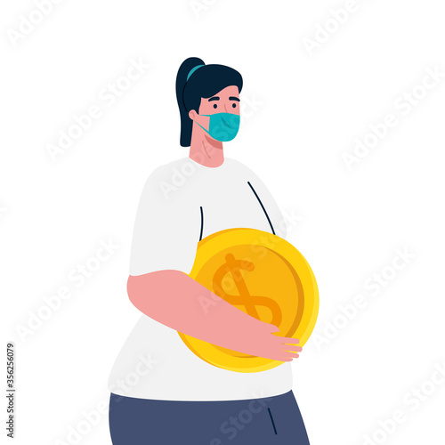 woman with mask and coin design of bankruptcy and covid 19 virus theme Vector illustration