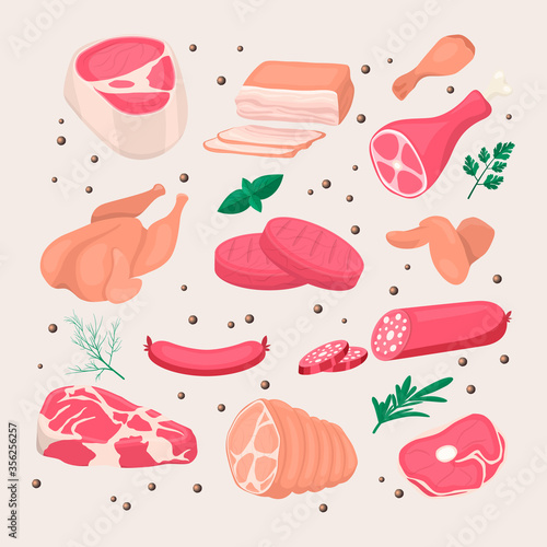 Vector Fresh Pieces of Raw Meat, Chicken, Sausage, Rib Eye, Tenderloin Fillet, Ham, Bacon, Greens Icon Set for BBQ Isolated in Cartoon Style. Food Concept, Design Template for Menu, Meal Shop
