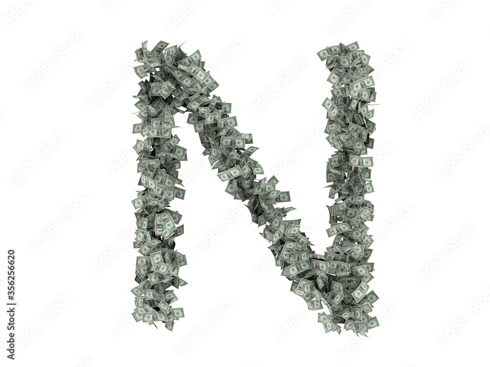 Letter from dollars. Alphabet isolate on white background. 3d rendering Letter from dollars. Alphabet isolate on white background. 3d rendering