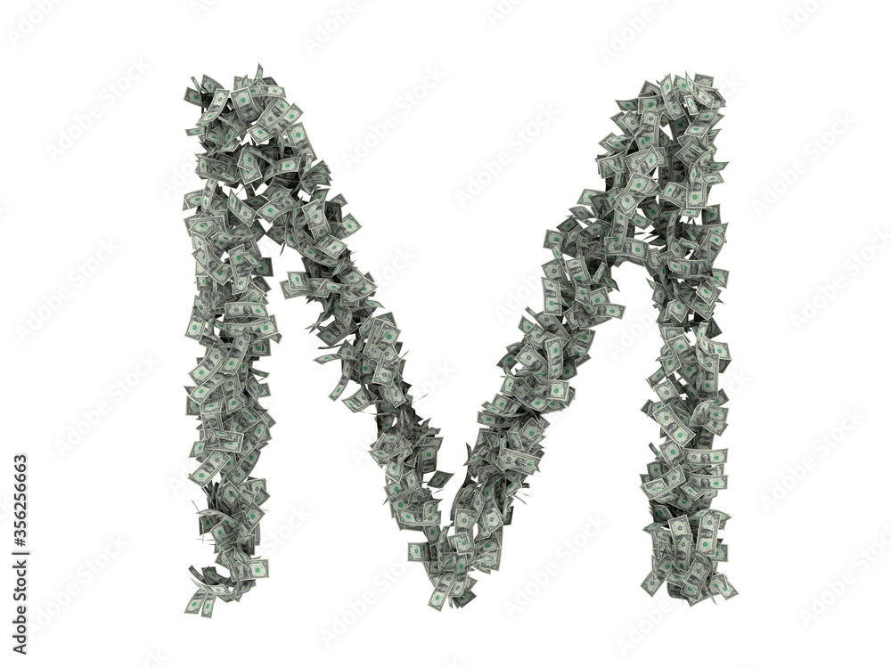 Letter from dollars. Alphabet isolate on white background. 3d rendering Letter from dollars. Alphabet isolate on white background. 3d rendering