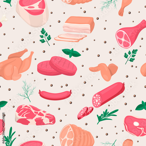 Vector Seamless Pattern with Fresh Pieces of Raw Meat, Chicken, Sausage, Rib Eye, Tenderloin Fillet, Ham, Bacon, Greens Isolated in Cartoon Style. Food, BBQ Concept, Design Template for Menu, Shop