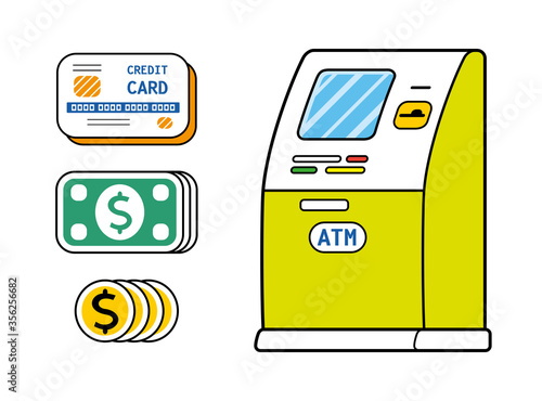 ATM bank machine, credit cards, cash banknotes and coins isolated. Money payment, transfer, withdrawal.