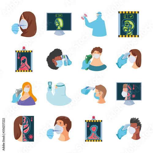 set of icons checking temperature coronavirus on white background