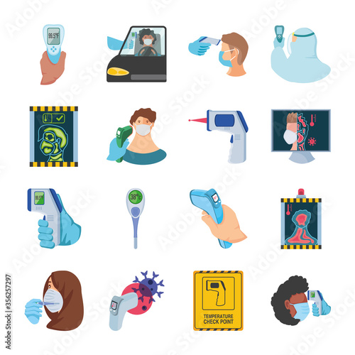 set of icons checking temperature coronavirus on white background