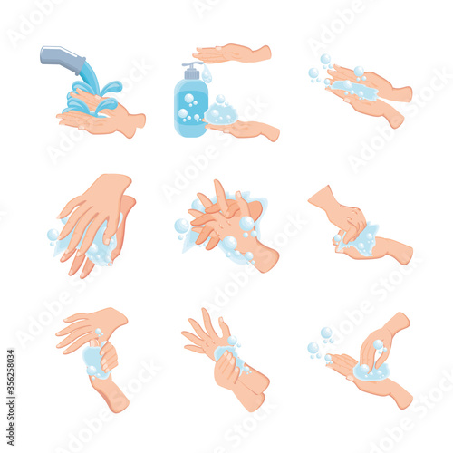 set of icons of hand washes on white background