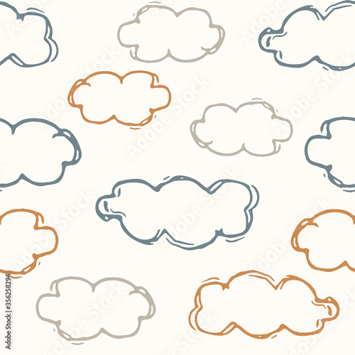 Seamless background sky cloud gender neutral baby pattern. Simple whimsical minimal earthy 2 tone color. Kids nursery wallpaper or boho cloudy fashion all over print. 