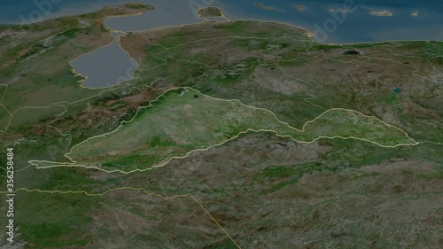 Barinas, state with its capital, zoomed and extruded on the satellite map of Venezuela in the conformal Stereographic projection. Animation 3D photo