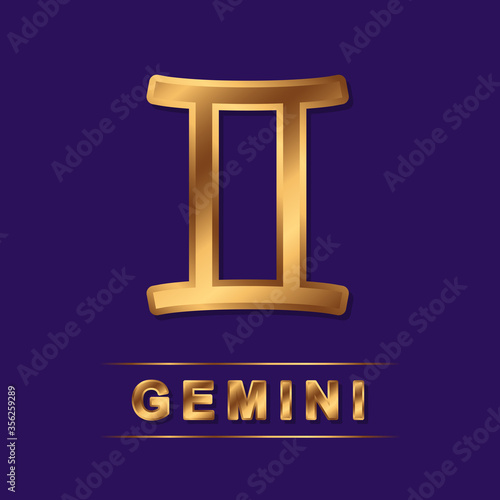 Gemini zodiac golden vector sign with gold letters on the dark purple background. Isolated vector horoscope symbol for design