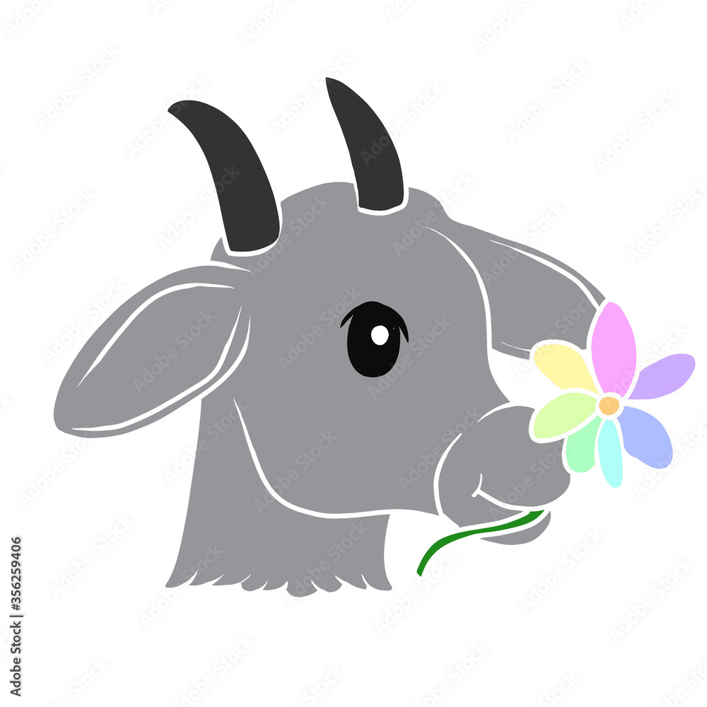 grey silhouette cartoon animal goat with a colorful flower in its mouth mammals isolated on a white background, for prints, decoration, design, textiles, decor, printing, children's website