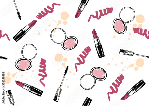 Cosmetics and fashion seamless pattern with mascara, lipstick, compact powder...