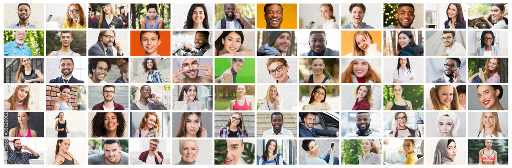 Collage of diverse multiethnic candid people smiling over colorful background - obrazy, fototapety, plakaty 