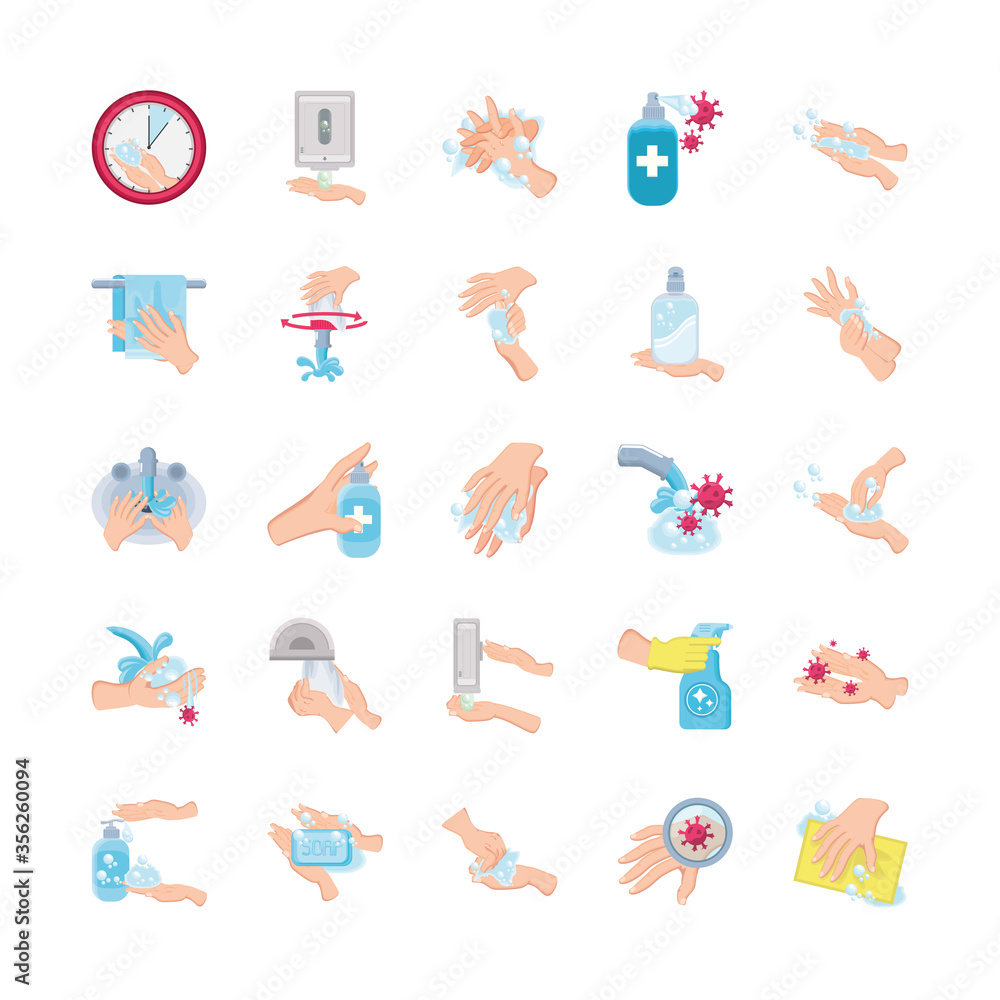set of icons of hand washes on white background