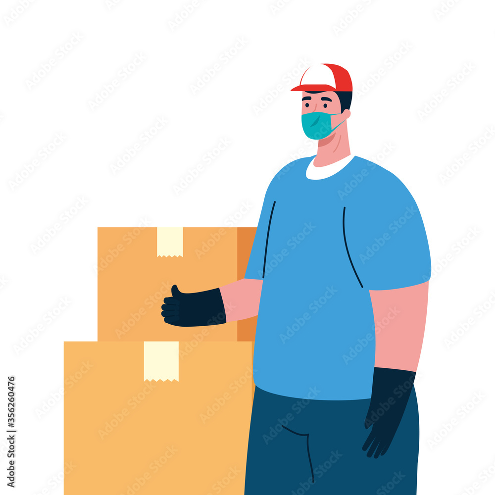 man with mask and box design, Safe delivery logistics and transportation theme Vector illustration man with mask and box design, Safe delivery logistics and transportation theme Vector illustration
