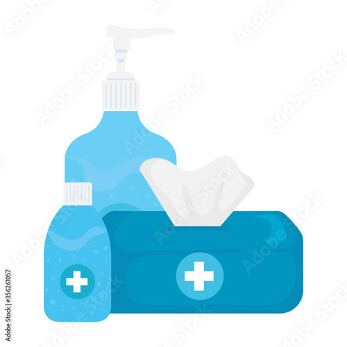 Hands sanitizer bottle and tissues box design, Disinfects clean antibacterial and hygiene theme Vector illustration
