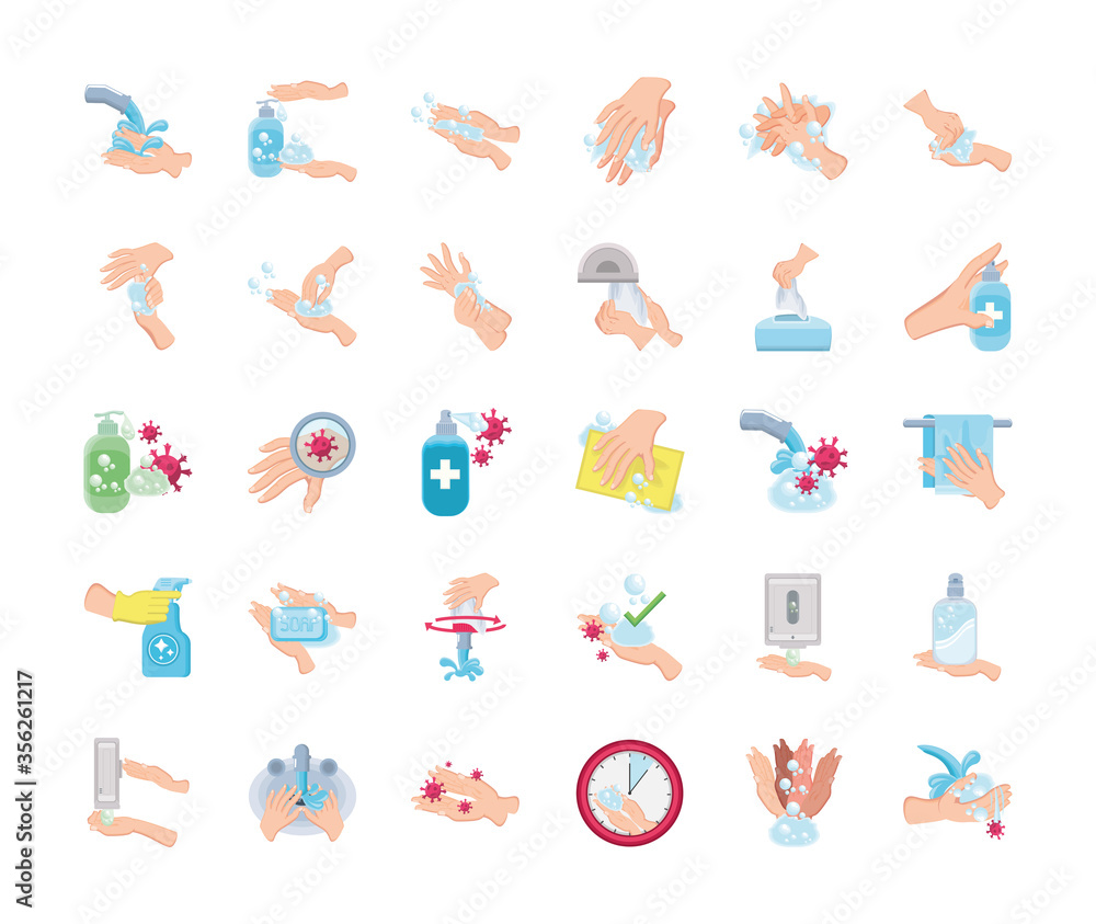 set of icons of hand washes on white background