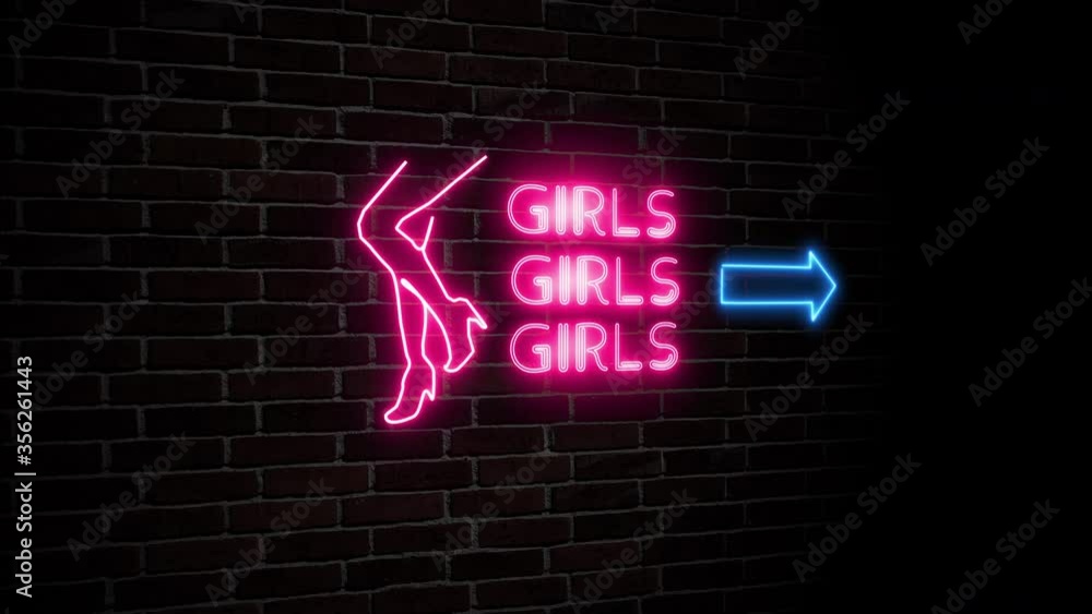 Girls live show neon sign arrow flashing and woman silhouette on dark brick wall animation adult entertainment concept Girls live show neon sign arrow flashing and woman silhouette on dark brick wall animation adult entertainment concept
