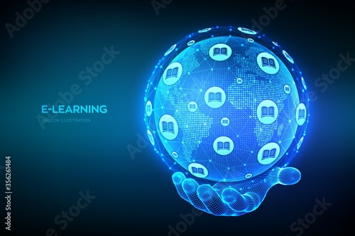 E-learning. Innovative online education technology concept. World map point and line composition. Earth planet globe in hand. Webinar, online training courses. Skill development. Vector illustration.