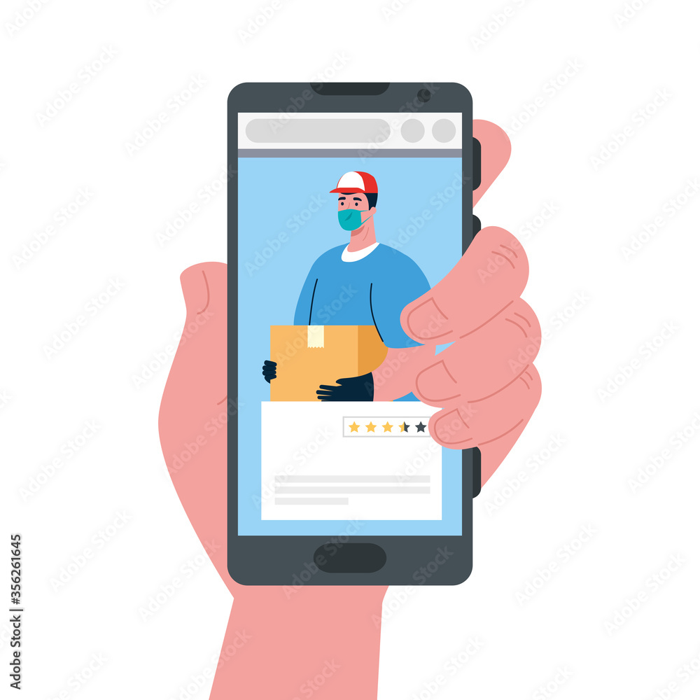 man with mask and box on smartphone design, Safe delivery logistics and transportation theme Vector illustration man with mask and box on smartphone design, Safe delivery logistics and transportation theme Vector illustration