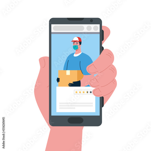 man with mask and box on smartphone design, Safe delivery logistics and transportation theme Vector illustration