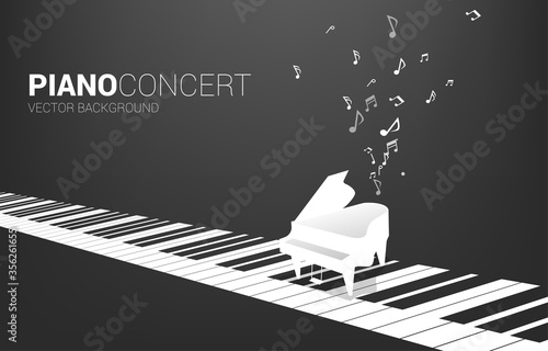 Vector grand piano with on piano key and music note. Concept background for song and concert theme.