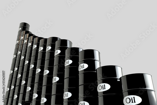 oil barrels and a financial chart on white background. price down. business concept. 3d rendering