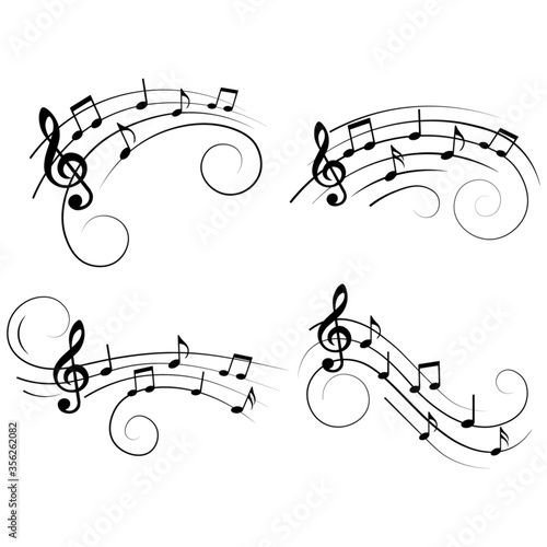 Set of music notes, with curves and swirls, vector illustration.
