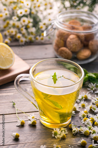 A cup of herbal chamomile tea with camomile blossoms, lemons and mint leaves. The concept of alternative medicine and immune boost