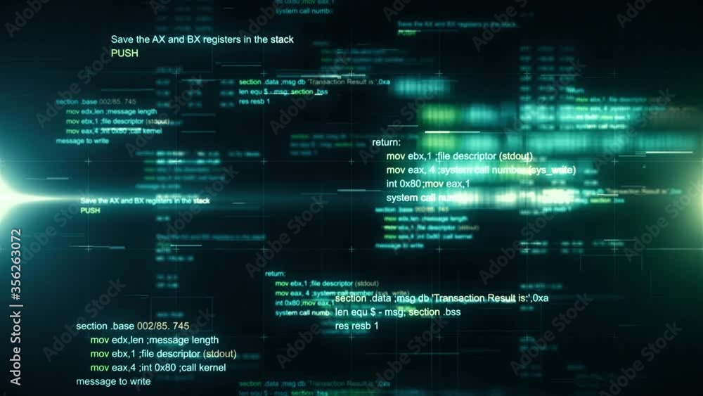 Technology background with abstract digital code motion. Software development process concept in a cyberspace. Seamless loop.