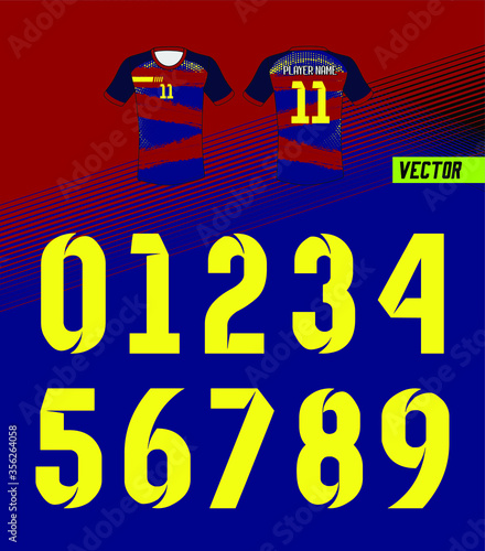 Sport Jersey shirt number/ Uniform numbers in yellow on navy blue backgrounds  for American football, Baseball and Basketball or soccer for shirt