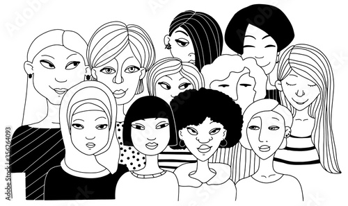Faces - hand drawn a crowd of many different women from diverse cultural. Doodle style vector illustration