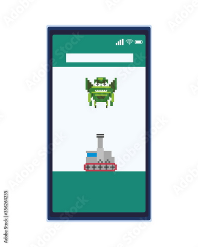 space alien with war tank in smartphone 8 bits pixelated icon