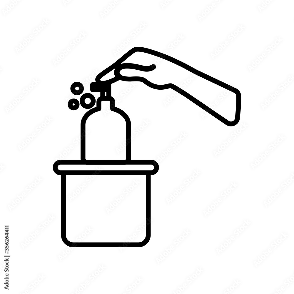 hand pushing a soap bottle icon, line style hand pushing a soap bottle icon, line style
