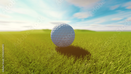 golf club and golf ball on grass. Sunny day. 3d rendering