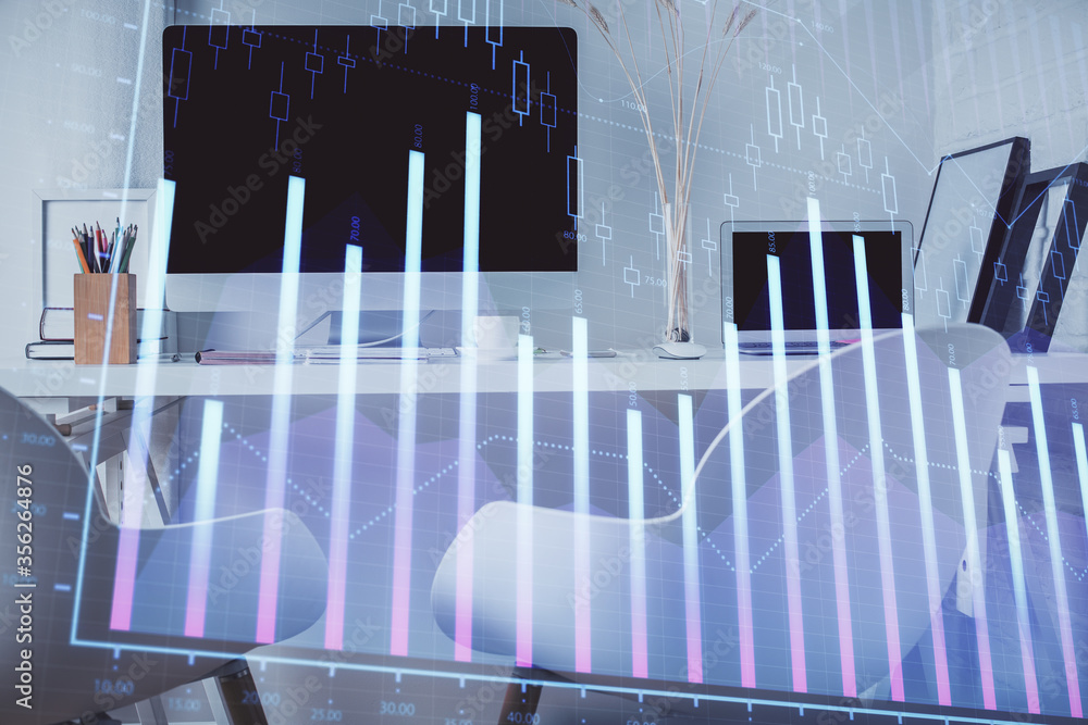 Double exposure of stock market graph drawing and office interior background. Concept of financial analysis. Double exposure of stock market graph drawing and office interior background. Concept of financial analysis.