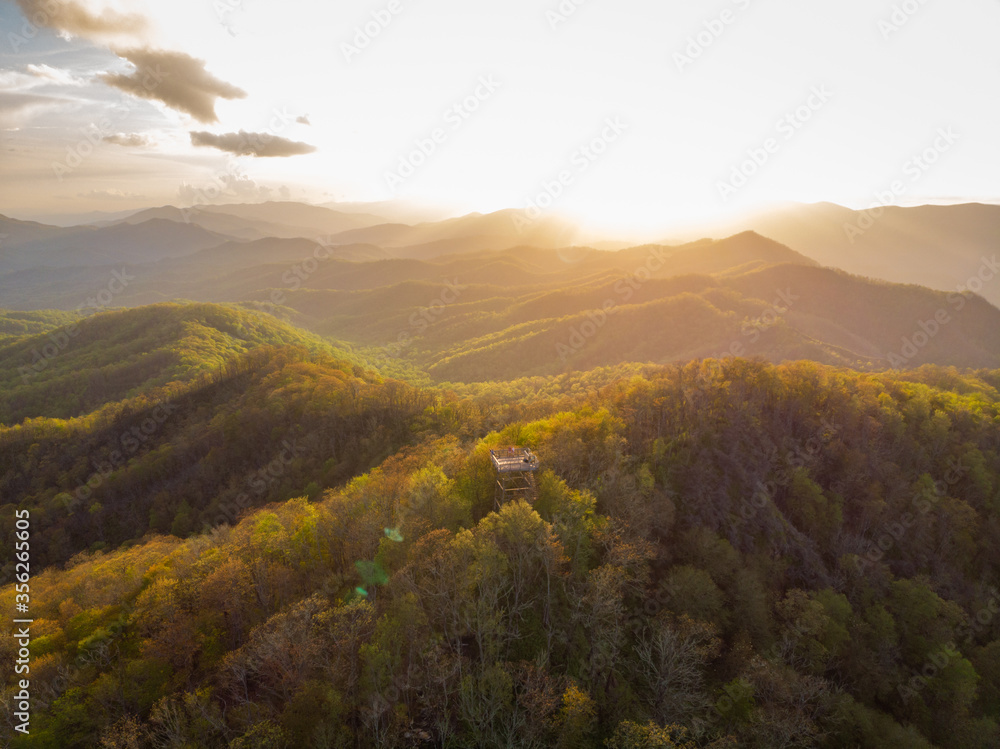 Aerial View of the Wesser Bald Fire Tower in the Nantahala National Forest in Western North Carolina at Sunset