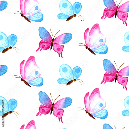 Watercolor romantic seamless pattern of color butterflies. Collection of isolated hand drawn insects. For print cards  fashion  linens  fabric  dress  clothes  textile  invitation  wallpapers  banners