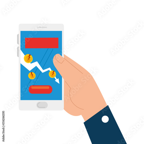 hand holding smartphone with broken coins design of bankruptcy and covid 19 virus theme Vector illustration