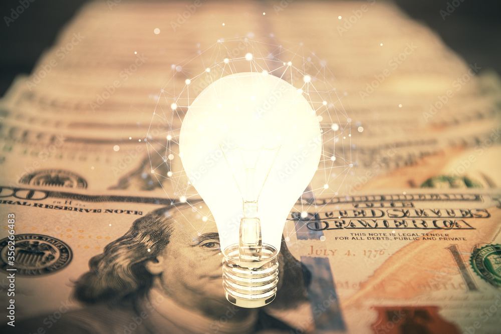 Fototapeta Double exposure of light bulb drawing over usa dollars bill background. Concept of idea.